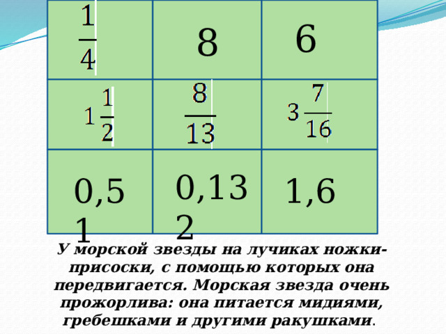 6 8 0,132 0,51 1,6 У морской звезды на лучиках ножки-присоски, с помощью которых она передвигается. Морская звезда очень прожорлива: она питается мидиями, гребешками и другими ракушками . 
