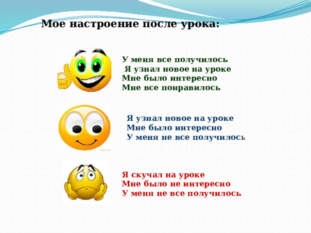 Мое настроение после урока: У меня все получилось  Я узнал новое на уроке Мне было интересно Мне все понравилось Я узнал новое на уроке Мне было интересно У меня не все получилос ь Я скучал на уроке Мне было не интересно У меня не все получилось 