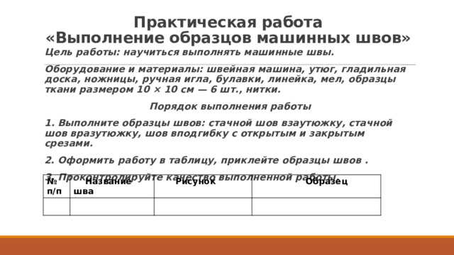 Практическая работа  «Выполнение образцов машинных швов»   Цель работы: научиться выполнять машинные швы. Оборудование и материалы: швейная машина, утюг, гладильная доска, ножницы, ручная игла, булавки, линейка, мел, образцы ткани размером 10 × 10 см — 6 шт., нитки. Порядок выполнения работы 1. Выполните образцы швов: стачной шов взаутюжку, стачной шов вразутюжку, шов вподгибку с открытым и закрытым срезами. 2. Оформить работу в таблицу, приклейте образцы швов . 3. Проконтролируйте качество выполненной работы.  № п/п  Название шва  Рисунок  Образец 