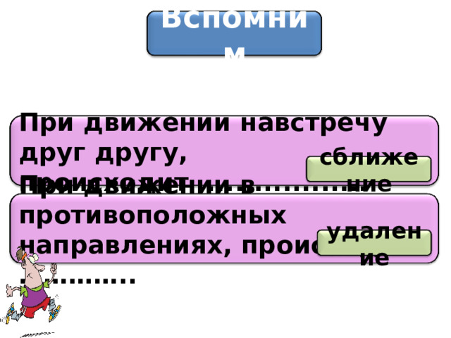 Вспомним При движении навстречу друг другу, происходит ................. сближение При движении в противоположных направлениях, происходит ………….. удаление 