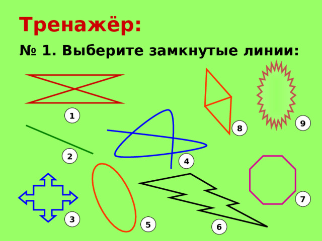 Тренажёр: № 1. Выберите замкнутые линии: 1 9 8 2 4 7 3 5 6 