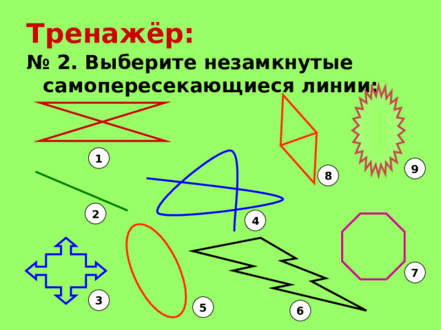 Тренажёр: № 2. Выберите незамкнутые самопересекающиеся линии: 1 9 8 2 4 7 3 5 6 