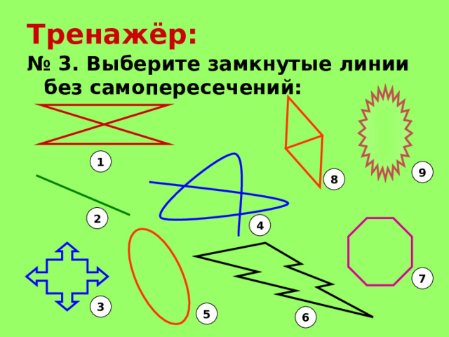 Тренажёр: № 3. Выберите замкнутые линии без самопересечений: 1 9 8 2 4 7 3 5 6 