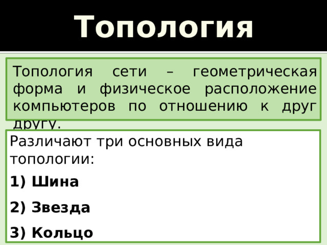 Топология Топология сети – геометрическая форма и физическое расположение компьютеров по отношению к друг другу.  Различают три основных вида топологии: 1) Шина 2) Звезда 3) Кольцо 