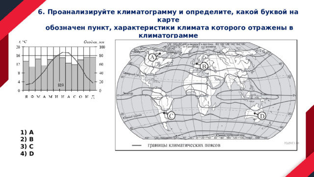 6. Проанализируйте климатограмму и определите, какой буквой на карте  обозначен пункт, характеристики климата которого отражены в климатограмме А В С D 