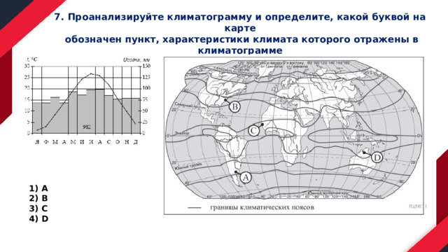7. Проанализируйте климатограмму и определите, какой буквой на карте  обозначен пункт, характеристики климата которого отражены в климатограмме А В С D 