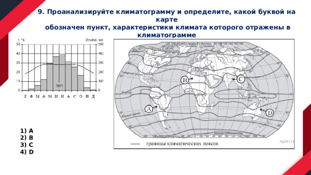 9. Проанализируйте климатограмму и определите, какой буквой на карте  обозначен пункт, характеристики климата которого отражены в климатограмме А В С D 