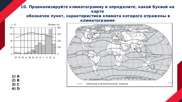 10. Проанализируйте климатограмму и определите, какой буквой на карте  обозначен пункт, характеристики климата которого отражены в климатограмме А В С D 