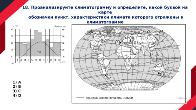 18. Проанализируйте климатограмму и определите, какой буквой на карте  обозначен пункт, характеристики климата которого отражены в климатограмме А В С D 