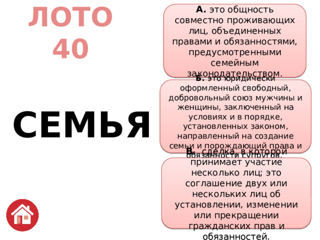 А. это общность совместно проживающих лиц, объединенных правами и обязанностями, предусмотренными семейным законодательством. ЛОТО  40   СЕМЬЯ Б. это юридически оформленный свободный, добровольный союз мужчины и женщины, заключенный на условиях и в порядке, установленных законом, направленный на создание семьи и порождающий права и обязанности супругов.  В.   сделка, в которой принимает участие несколько лиц; это соглашение двух или нескольких лиц об установлении, изменении или прекращении гражданских прав и обязанностей. 