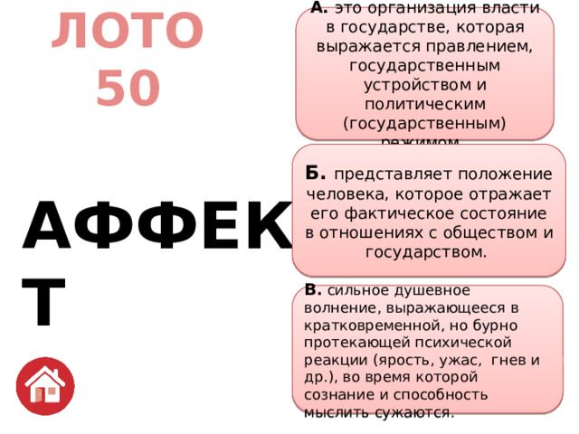 А. это организация власти в государстве, которая выражается правлением, государственным устройством и политическим (государственным) режимом.  ЛОТО  50   АФФЕКТ Б. представляет положение человека, которое отражает его фактическое состояние в отношениях с обществом и государством. В . сильное душевное волнение, выражающееся в кратковременной, но бурно протекающей психической реакции (ярость, ужас, гнев и др.), во время которой сознание и способность мыслить сужаются. 