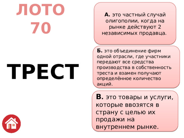 А. это частный случай олигополии, когда на рынке действуют 2 независимых продавца.  ЛОТО  70   ТРЕСТ Б. это объединение фирм одной отрасли, где участники передают все средства производства в собственность треста и взамен получают определённое количество акций. В . это товары и услуги, которые ввозятся в страну с целью их продажи на внутреннем рынке. 