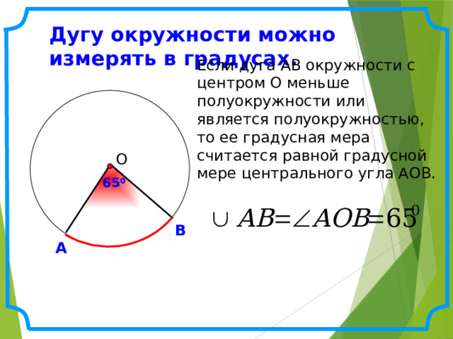 Дугу окружности можно измерять в градусах. Если дуга АВ окружности с центром О меньше полуокружности или является полуокружностью, то ее градусная мера считается равной градусной мере центрального угла АОВ.  О 65 0 65 0 В А 9 