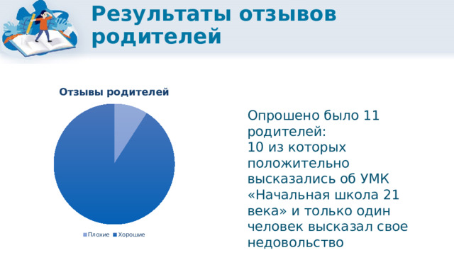 Результаты отзывов родителей Опрошено было 11 родителей: 10 из которых положительно высказались об УМК «Начальная школа 21 века» и только один человек высказал свое недовольство 
