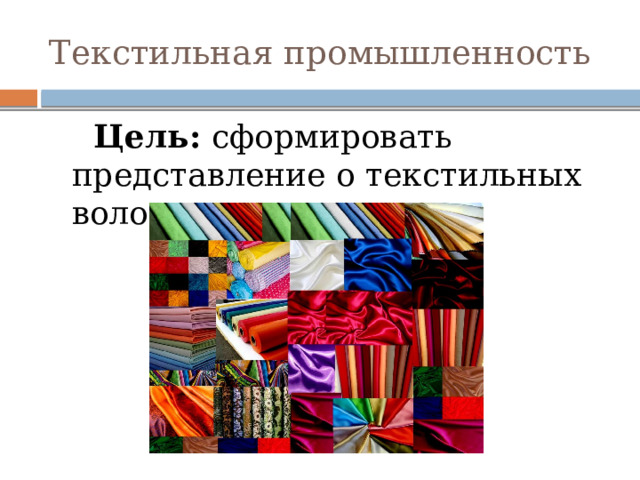 Текстильная промышленность  Цель:  сформировать представление о текстильных волокнах. 