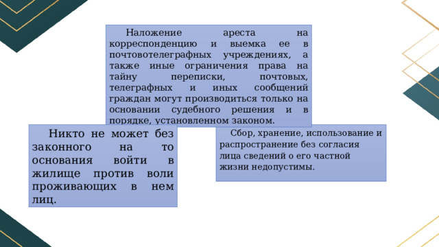 Наложение ареста на корреспонденцию и выемка ее в почтовотелеграфных учреждениях, а также иные ограничения права на тайну переписки, почтовых, телеграфных и иных сообщений граждан могут производиться только на основании судебного решения и в порядке, установленном законом. Никто не может без законного на то основания войти в жилище против воли проживающих в нем лиц. Сбор, хранение, использование и распространение без согласия лица сведений о его частной жизни недопустимы. 