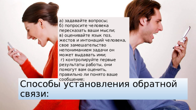 а) задавайте вопросы;  б) попросите человека пересказать ваши мысли;  в) оценивайте язык поз, жестов и интонаций человека, свое замешательство непониманием задачи он может выдавать ими;  г) контролируйте первые результаты работы, они помогут вам оценить, правильно ли понято ваше сообщение; Способы установления обратной связи: 