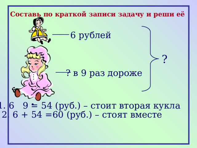 Составь по краткой записи задачу и реши её 6 рублей ? ? в 9 раз дороже 1. 6 9 = 54 (руб.) – стоит вторая кукла 2. 6 + 54 =60 (руб.) – стоят вместе  