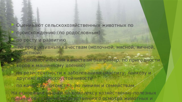 Оценивают сельскохозяйственных животных по происхождению:(по родословным) по росту и развитию  по продуктивным качествам (молочной, мясной, яичной, шерстной) по технологическим качествам (например, по пригодности коров к машинному доению) по резистентности к заболеваниям (маститу, лейкозу и другим) и стрессоустойчивости по качеству потомства, по линиям и семействам. На основании оценки по комплексу хозяйственно-полезных признаков путём непосредственного осмотра животных и анализа зоотехнических записей происходит определение племенной ценности животных, то есть бонитировка. 