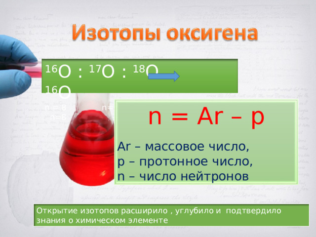 16 О : 17 О : 18 О 16 О n = 8 n =9 n =10 n=8 n = Ar – p Ar – массовое число, p – протонное число, n – число нейтронов Открытие изотопов расширило , углубило и подтвердило знания о химическом элементе 