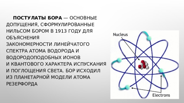  Постулаты Бора  — основные допущения, сформулированные Нильсом Бором в 1913 году для объяснения закономерности линейчатого спектра атома водорода и водородоподобных ионов и квантового характера испускания и поглощения света. Бор исходил из планетарной модели атома Резерфорда 