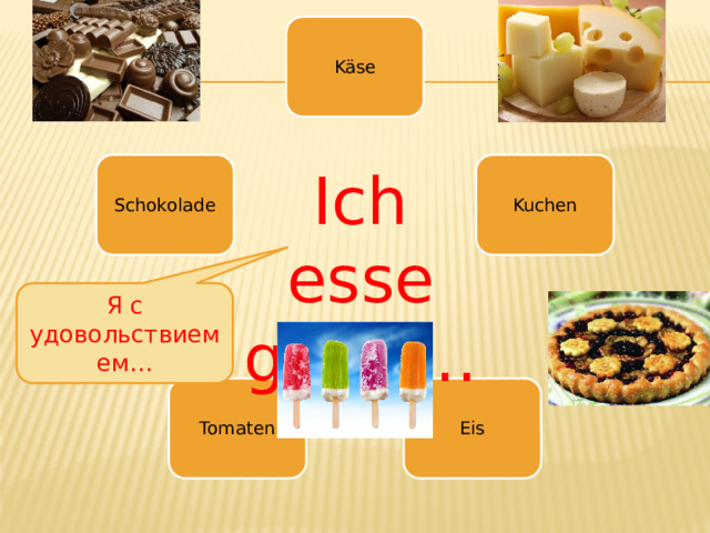 Käse Schokolade Kuchen Ich esse gern … Я с удовольствием ем… Tomaten Eis 