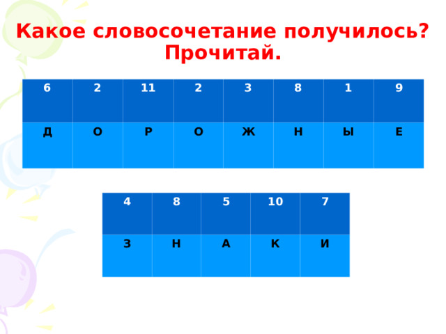 Какое словосочетание получилось?  Прочитай. 6 2 Д О 11 2 Р О 3 Ж 8 Н 1 9 Ы Е 4 З 8 5 Н 10 А 7 К И 