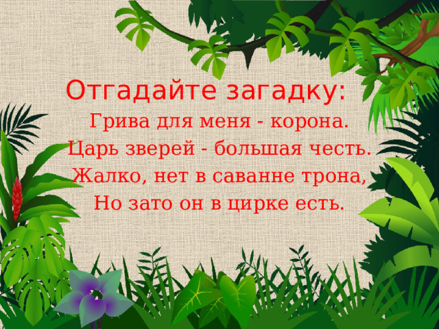 Отгадайте загадку: Грива для меня - корона. Царь зверей - большая честь. Жалко, нет в саванне трона, Но зато он в цирке есть. 