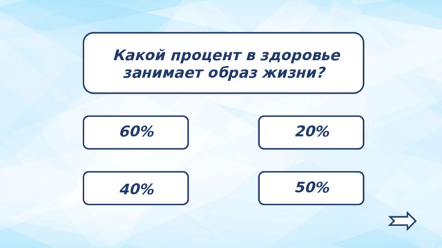  Какой процент в здоровье занимает образ жизни? 20% 60% 50% 40%   