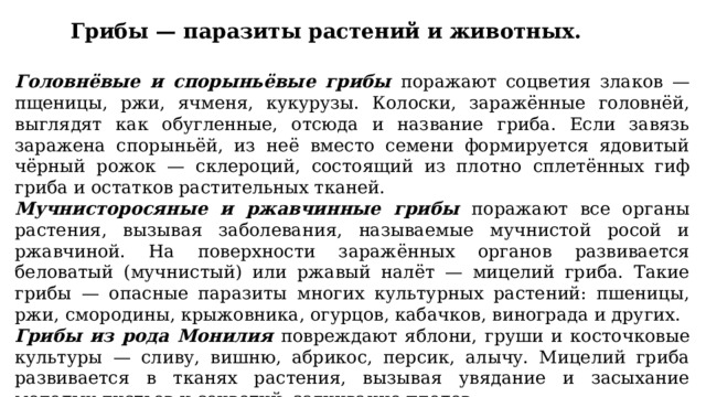 Грибы — паразиты растений и животных. Головнёвые и спорыньёвые грибы поражают соцветия злаков — пщеницы, ржи, ячменя, кукурузы. Колоски, заражённые головнёй, выглядят как обугленные, отсюда и название гриба. Если завязь заражена спорыньёй, из неё вместо семени формируется ядовитый чёрный рожок — склероций, состоящий из плотно сплетённых гиф гриба и остатков растительных тканей. Мучнисторосяные и ржавчинные грибы поражают все органы растения, вызывая заболевания, называемые мучнистой росой и ржавчиной. На поверхности заражённых органов развивается беловатый (мучнистый) или ржавый налёт — мицелий гриба. Такие грибы — опасные паразиты многих культурных растений: пшеницы, ржи, смородины, крыжовника, огурцов, кабачков, винограда и других. Грибы из рода Монилия повреждают яблони, груши и косточковые культуры — сливу, вишню, абрикос, персик, алычу. Мицелий гриба развивается в тканях растения, вызывая увядание и засыхание молодых листьев и соцветий, загнивание плодов. 