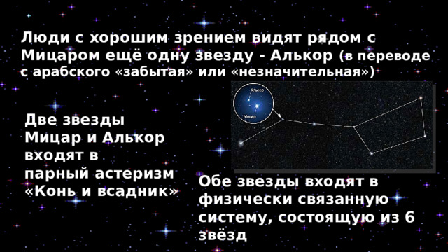 Какие две звезды. Мицар и Алькор. Двойная звезда в созвездии большой медведицы. Характеристика звезды Мицар.