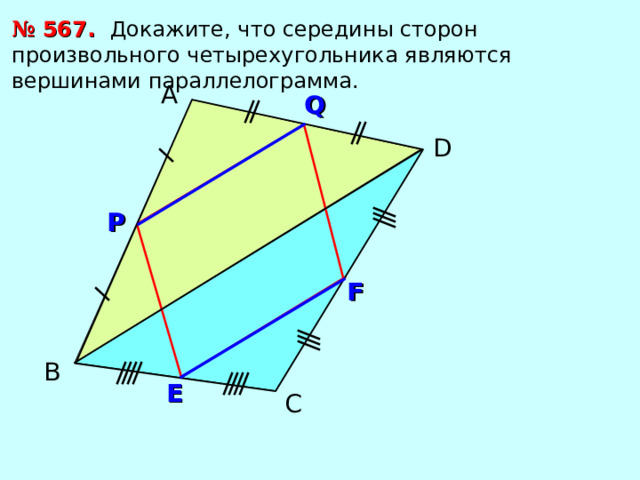 №  567. Докажите, что середины сторон произвольного четырехугольника являются вершинами параллелограмма. А Q D Р F В E С 