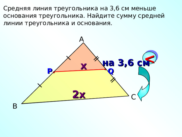 Средняя линия треугольника на 3,6 см меньше основания треугольника. Найдите сумму средней линии треугольника и основания. А    на 3,6 см x Q Р 2x Алтынов П.И. Геометрия. Тесты. 7-9 кл. С В 14 