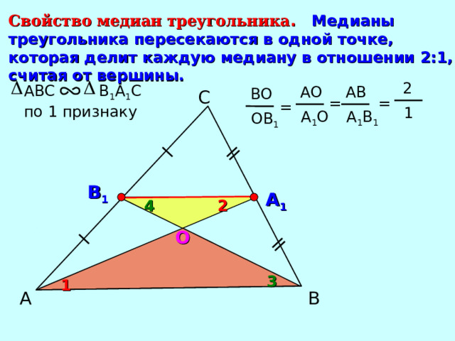 Свойство медиан треугольника . Медианы треугольника пересекаются в одной точке, которая делит каждую медиану в отношении 2:1, считая от вершины.  2 A ВС  В 1 А 1 С по 1 признаку АВ АО ВО С = = =  1 А 1 О А 1 В 1 ОВ 1 В 1 А 1 2 4 О 3 1 В А 