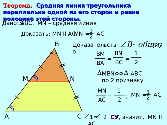 Теорема.  Средняя линия треугольника параллельна одной из его сторон и равна половине этой стороны. Дано: ABC , М N – средняя линия 1 Доказать: М N II АС, MN = АС 2 B Доказательство: BN  1 BM = = BC  2 BA MBN ABC  по 2 признаку М N  1 MN 1 MN = АС = ; 2 AC  2 C А  1= 2 C У , значит,  М N II АС. 