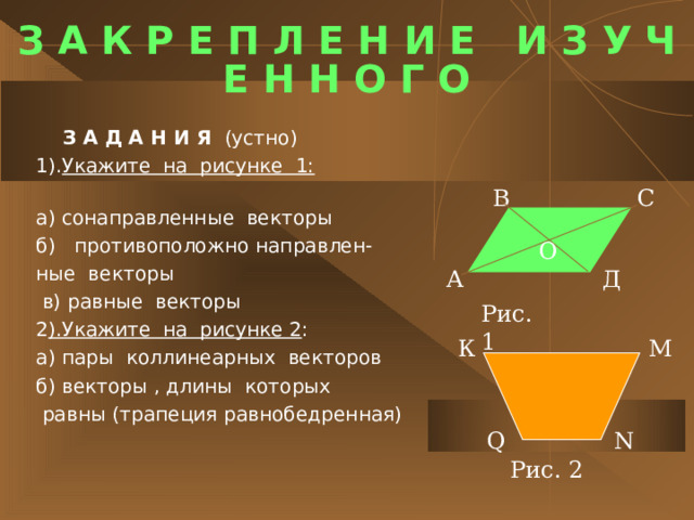 З А К Р Е П Л Е Н И Е И З У Ч Е Н Н О Г О З А Д А Н И Я (устно) 1). Укажите на рисунке 1:  а) сонаправленные векторы б) противоположно направлен- ные векторы  в) равные векторы 2 ).Укажите на рисунке 2 : а) пары коллинеарных векторов б) векторы , длины которых  равны ( трапеция равнобедренная) В С О А Д Рис.1 К М N Q Рис. 2 