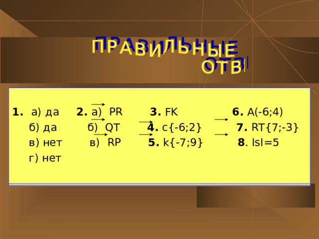 1. а)  да 2. а) PR 3. FK 6. A(-6;4)  б) да б) QT 4. c{-6;2} 7. RT{7;-3}  в) нет в) RP 5. k{-7;9} 8 . IsI=5  г) нет  1. а)  да 2. а) PR 3. FK 6. A(-6;4)  б) да б) QT 4. c{-6;2} 7. RT{7;-3}  в) нет в) RP 5. k{-7;9} 8. ISI=5  г) нет  1. а)  да 2. а) PR 3. FK 6. A(-6;4)  б) да б) QT 4. c{-6;2} 7. RT{7;-3}  в) нет в) RP 5. k{-7;9} 8. ISI=5  г) нет 