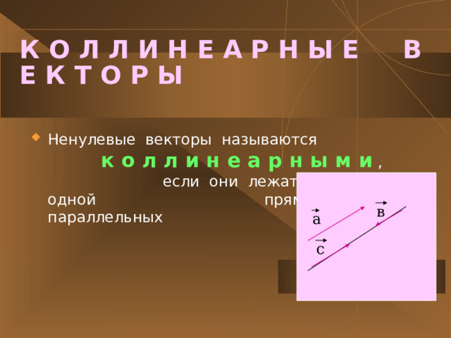 К О Л Л И Н Е А Р Н Ы Е В Е К Т О Р Ы Ненулевые векторы называются к о л л и н е а р н ы м и , если они лежат либо на одной прямой, либо на параллельных прямых. в а с 