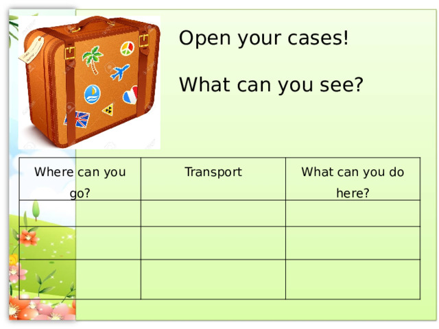Open your cases! What can you see? Where can you go?   Transport What can you do here?                 