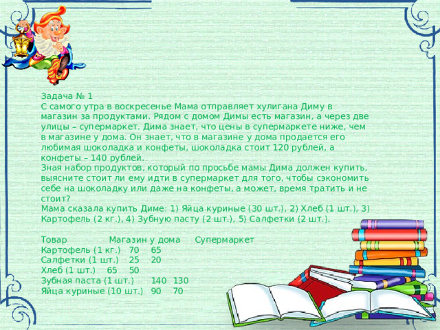 Задача № 1 С самого утра в воскресенье Мама отправляет хулигана Диму в магазин за продуктами. Рядом с домом Димы есть магазин, а через две улицы – супермаркет. Дима знает, что цены в супермаркете ниже, чем в магазине у дома. Он знает, что в магазине у дома продается его любимая шоколадка и конфеты, шоколадка стоит 120 рублей, а конфеты – 140 рублей. Зная набор продуктов, который по просьбе мамы Дима должен купить, выясните стоит ли ему идти в супермаркет для того, чтобы сэкономить себе на шоколадку или даже на конфеты, а может, время тратить и не стоит? Мама сказала купить Диме: 1) Яйца куриные (30 шт.), 2) Хлеб (1 шт.), 3) Картофель (2 кг.), 4) Зубную пасту (2 шт.), 5) Салфетки (2 шт.). Товар  Магазин у дома  Супермаркет Картофель (1 кг.)  70  65 Салфетки (1 шт.)  25  20 Хлеб (1 шт.)  65  50 Зубная паста (1 шт.)  140  130 Яйца куриные (10 шт.)  90  70   