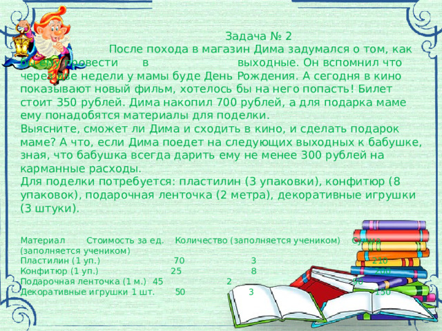  Задача № 2  После похода в магазин Дима задумался о том, как бы ему провести в выходные. Он вспомнил что через две недели у мамы буде День Рождения. А сегодня в кино показывают новый фильм, хотелось бы на него попасть! Билет стоит 350 рублей. Дима накопил 700 рублей, а для подарка маме ему понадобятся материалы для поделки. Выясните, сможет ли Дима и сходить в кино, и сделать подарок маме? А что, если Дима поедет на следующих выходных к бабушке, зная, что бабушка всегда дарить ему не менее 300 рублей на карманные расходы. Для поделки потребуется: пластилин (3 упаковки), конфитюр (8 упаковок), подарочная ленточка (2 метра), декоративные игрушки (3 штуки). Материал  Стоимость за ед.  Количество (заполняется учеником)  Сумма (заполняется учеником) Пластилин (1 уп.)  70  3  210 Конфитюр (1 уп.)  25  8  200 Подарочная ленточка (1 м.)  45  2  90 Декоративные игрушки 1 шт.  50  3  150 