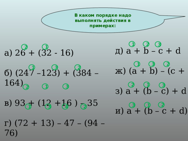 В каком порядке надо выполнять действия в примерах: 1 2 3 1 д) a + b – c +  d ж) (a + b) – (c +  d) з) a + (b – c) + d и) a + (b – c + d) 2 а) 26 + (32 - 16) б) (247 –123) + (384 – 164) в) 93 + (12 +16 ) – 35 г) (72 + 13) – 47 – (94 – 76) 3 2 1 1 2 3 1 2 3 1 3 2 2 1 3 4 2 1 3 