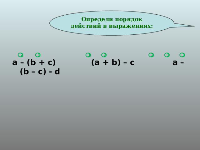 Определи порядок действий в выражениях: 1 2 1 2 1 2 3 a – (b + c)  (a + b) – c  a – (b – c) - d 