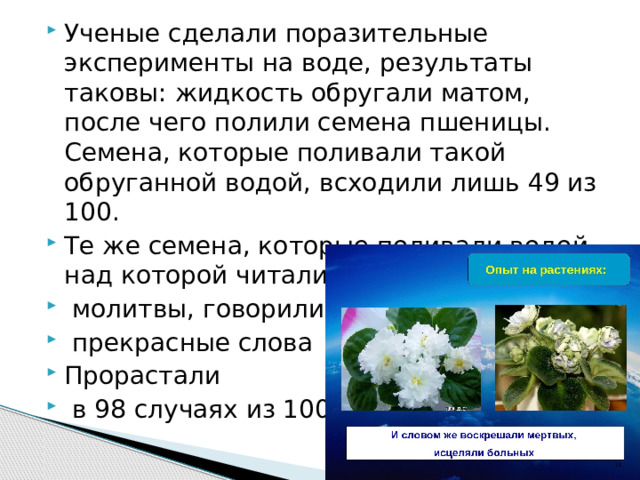 Ученые сделали поразительные эксперименты на воде, результаты таковы: жидкость обругали матом, после чего полили семена пшеницы. Семена, которые поливали такой обруганной водой, всходили лишь 49 из 100. Те же семена, которые поливали водой над которой читали  молитвы, говорили  прекрасные слова Прорастали  в 98 случаях из 100. 