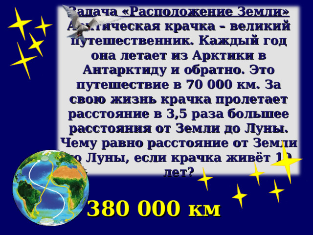 Задача «Расположение Земли» Арктическая крачка – великий путешественник. Каждый год она летает из Арктики в Антарктиду и обратно. Это путешествие в 70 000 км. За свою жизнь крачка пролетает расстояние в 3,5 раза большее расстояния от Земли до Луны. Чему равно расстояние от Земли до Луны, если крачка живёт 19 лет? 380 000 км 