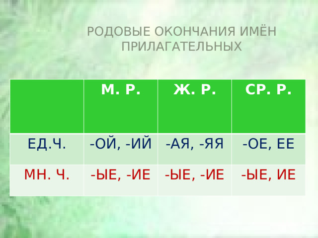 РОДОВЫЕ ОКОНЧАНИЯ ИМЁН ПРИЛАГАТЕЛЬНЫХ   М. Р. ЕД.Ч. -ОЙ, -ИЙ Ж. Р. МН. Ч. СР. Р. -АЯ, -ЯЯ -ЫЕ, -ИЕ -ОЕ, ЕЕ -ЫЕ, -ИЕ -ЫЕ, ИЕ 