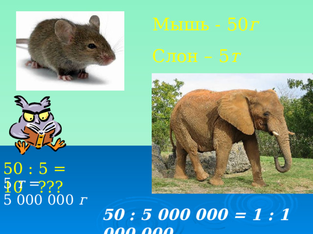 Мышь - 50 г Слон – 5 т 50 : 5 = 10 ??? 5 т = 5 000 000 г  50 : 5 000 000 = 1 : 1 000 000 