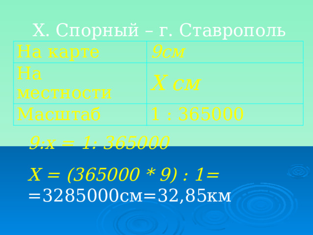 Х. Спорный – г. Ставрополь На карте 9см На местности Х см Масштаб 1 : 365000 9:х = 1: 365000 Х = (365000 * 9) : 1= =3285000см=32,85км    