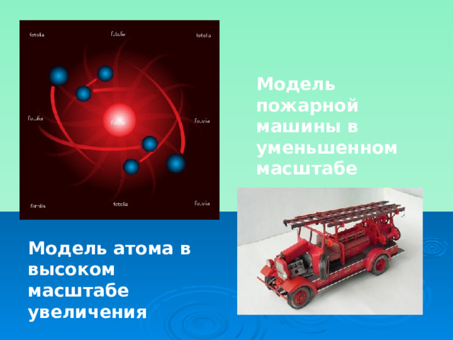 Модель пожарной машины в уменьшенном масштабе Модель атома в высоком масштабе увеличения 