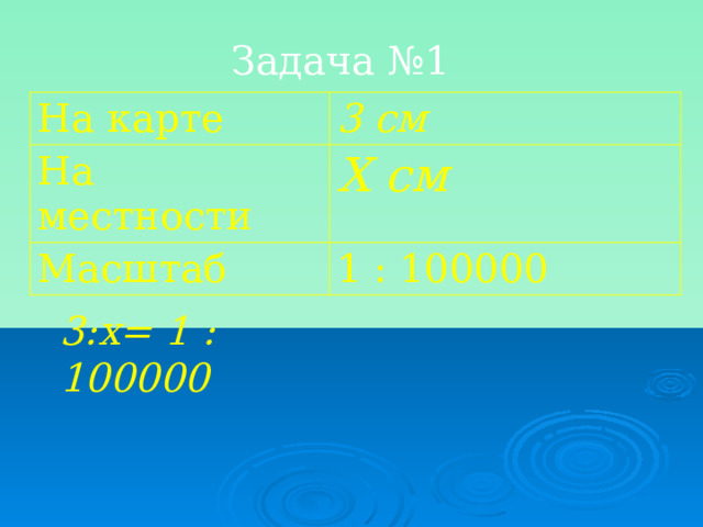Задача №1 На карте 3 см На местности Х см Масштаб 1 : 100000 3:х= 1 : 100000  